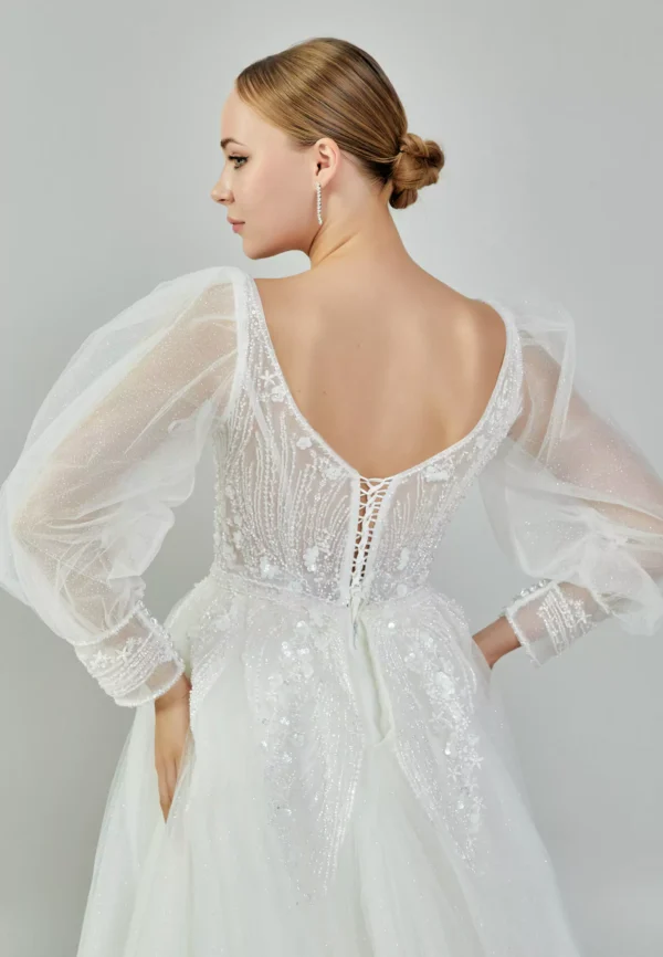 Luna Elegant Bridal Gown with Sheer Sleeves and Glittering Tulle Back look