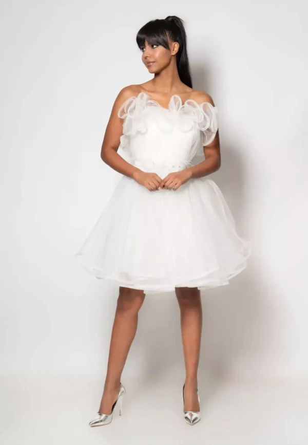 Mia – Ruffled Tulle Cocktail White Dress