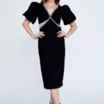 Reyna Black Midi Dress with Puff Sleeves