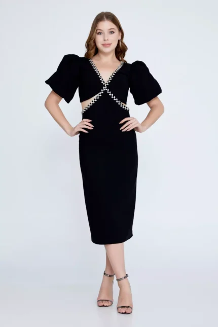 Reyna Black Midi Dress with Puff Sleeves