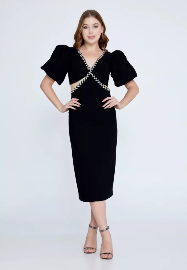 Reyna Black Midi Dress with Puff Sleeves