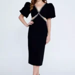 Reyna – Black Midi Dress with Puff Sleeves