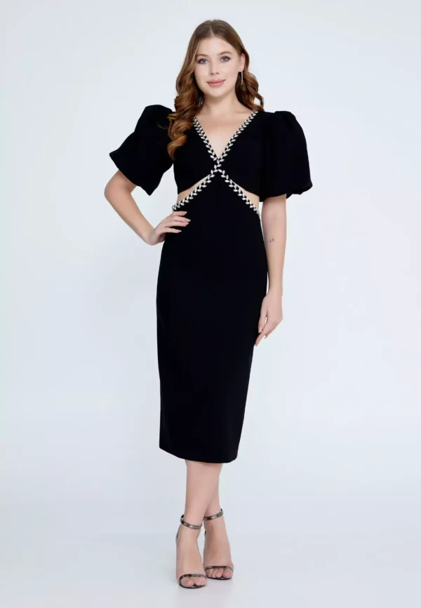 Reyna – Black Midi Dress with Puff Sleeves