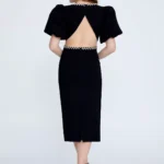 Reyna – Black Midi Dress with Puff Sleeves Back Look