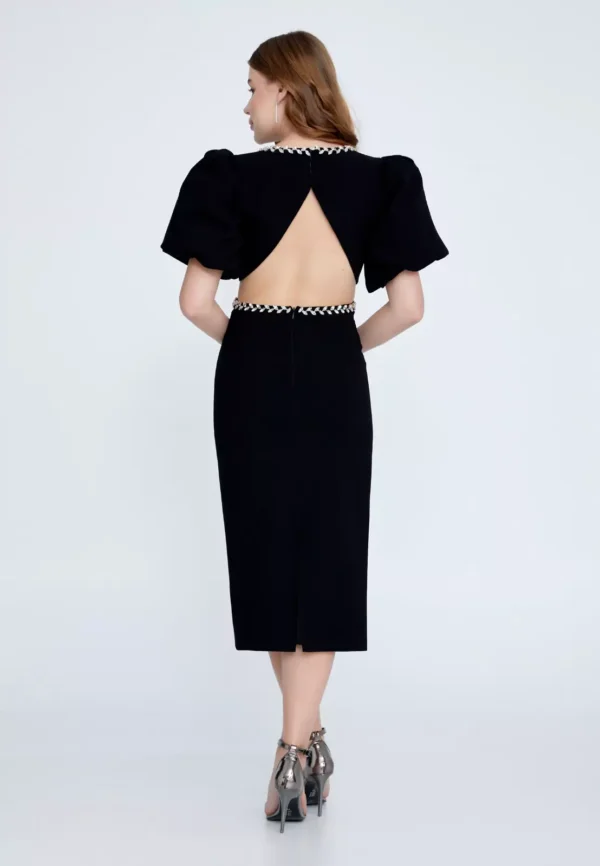 Reyna – Black Midi Dress with Puff Sleeves Back Look