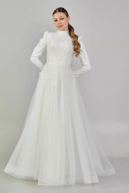 Sahra – Long-Sleeved High-Neck Modest Wedding Gown