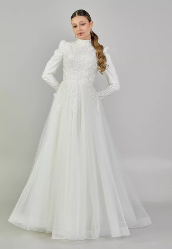 Sahra – Long-Sleeved High-Neck Modest Wedding Gown