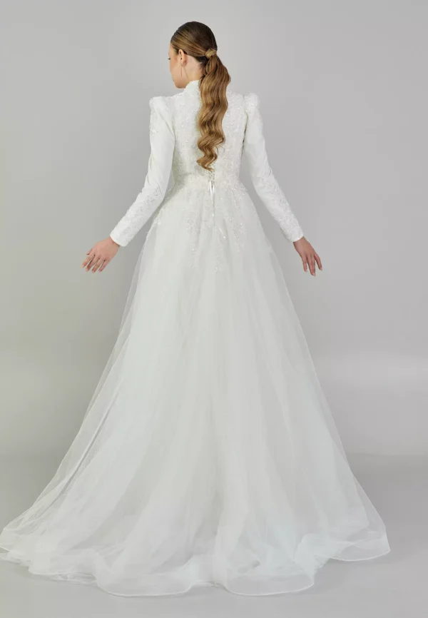 Sahra – Long-Sleeved High-Neck Modest Wedding Gown Back View
