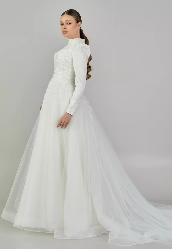 Sahra – Long-Sleeved High-Neck Modest Wedding Gown Side Look