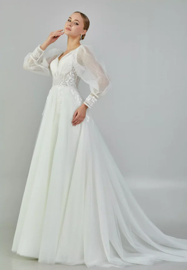 Luna Elegant Bridal Gown with Sheer Sleeves Side Look