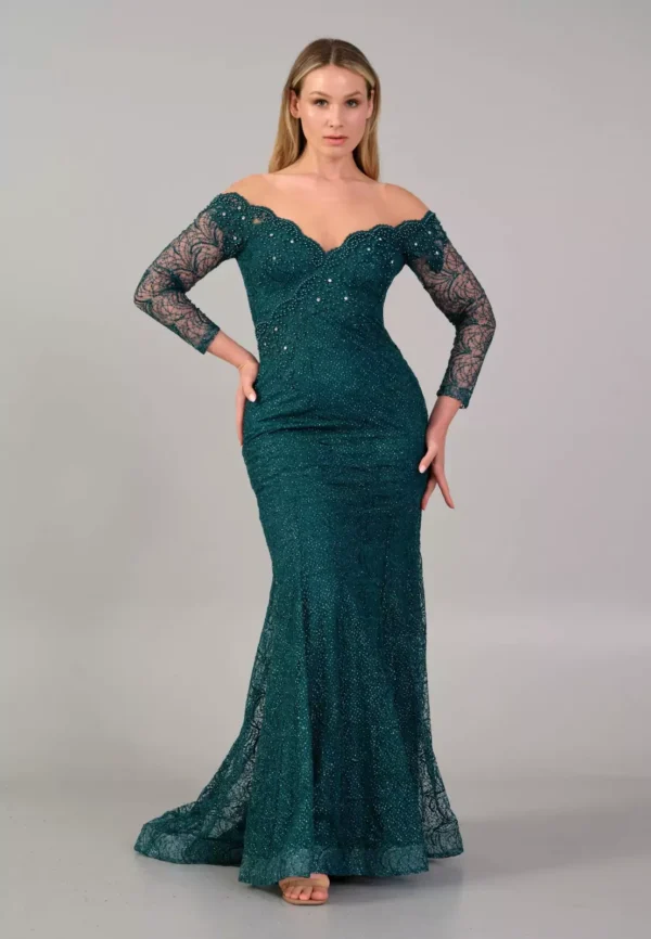 Thalia – Emerald Off-Shoulder Lace Evening Gown