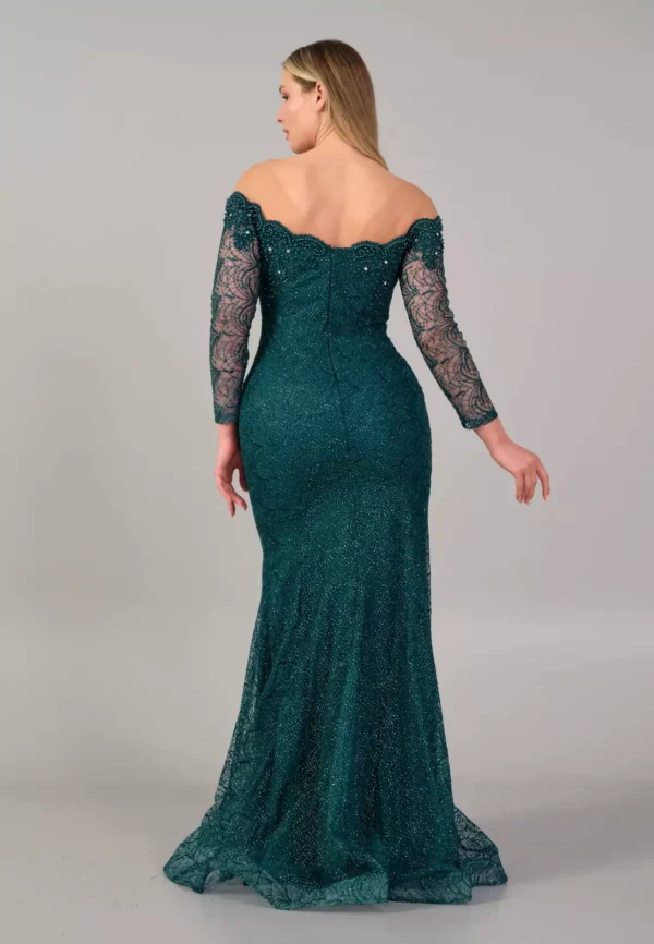 Thalia – Emerald Off-Shoulder Lace Evening Gown Back Look