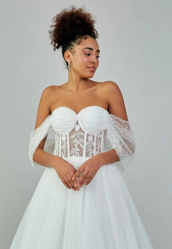 Amaya – Ethereal Off-Shoulder Tulle Wedding Dress with Beaded Sleeves Look