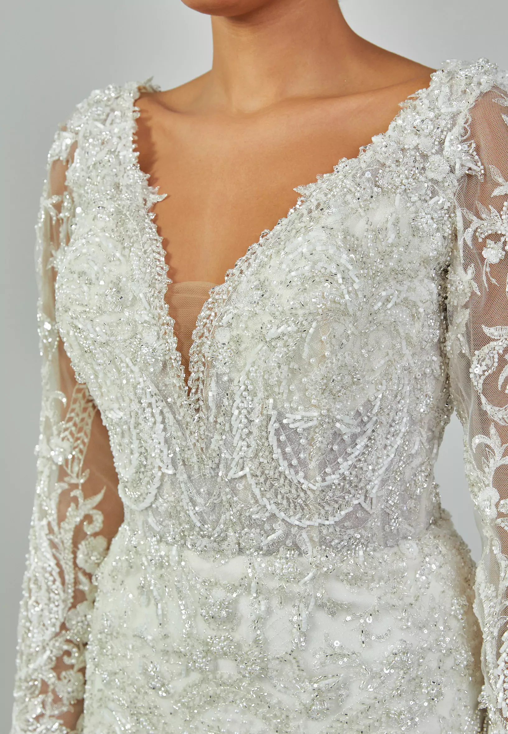 Zeenat Ivory Bridal Gown with Long Lace Sleeves and Embroidered Overskirt