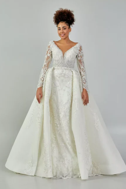 Zeenat – Ivory Bridal Gown with Long Lace Sleeves and Embroidered Overskirt