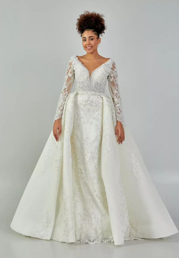 Zeenat – Ivory Bridal Gown with Long Lace Sleeves and Embroidered Overskirt