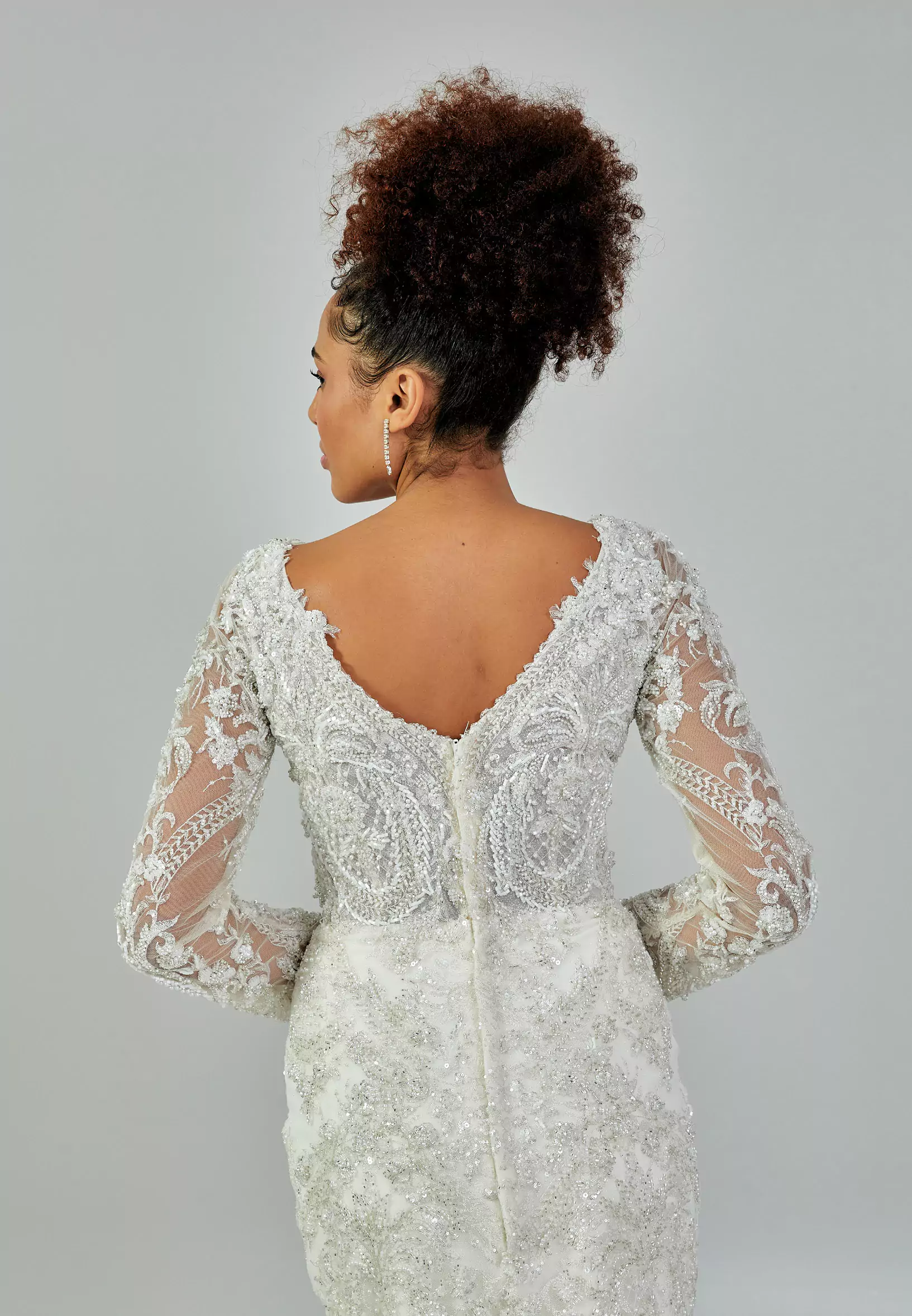Zeenat – Ivory Bridal Gown with Long Lace Sleeves and Embroidered Overskirt Back
