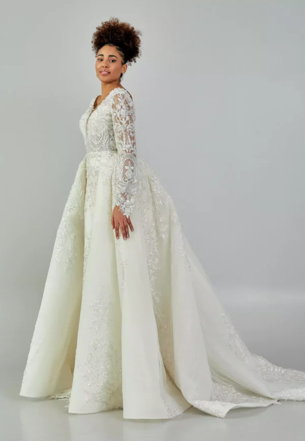 Zeenat – Ivory Bridal Gown with Long Lace Sleeves and Embroidered Overskirt Side Look