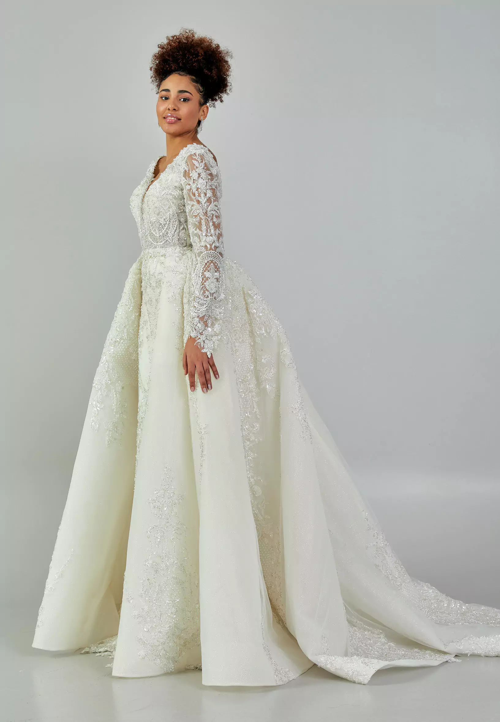 Zeenat – Ivory Bridal Gown with Long Lace Sleeves and Embroidered Overskirt Side Look